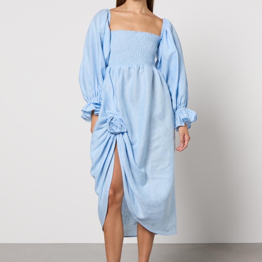 Sleeper Light Blue Rosette Linen Dress